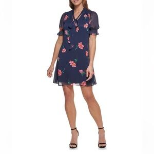 DKNY Dress Size 8 Navy Floral Chiffon Tie Neck Short Sleeve Swing Mini